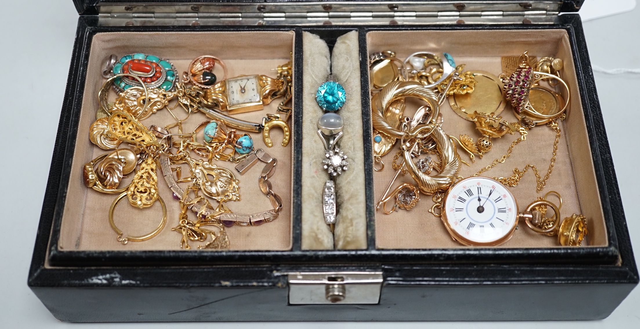 An interesting group of Victorian and later jewellery, including a pair of yellow metal chandelier drop earrings, pair of 9ct gold pear shaped drop earrings, a yellow metal and graduated five stone diamond ring, size N,